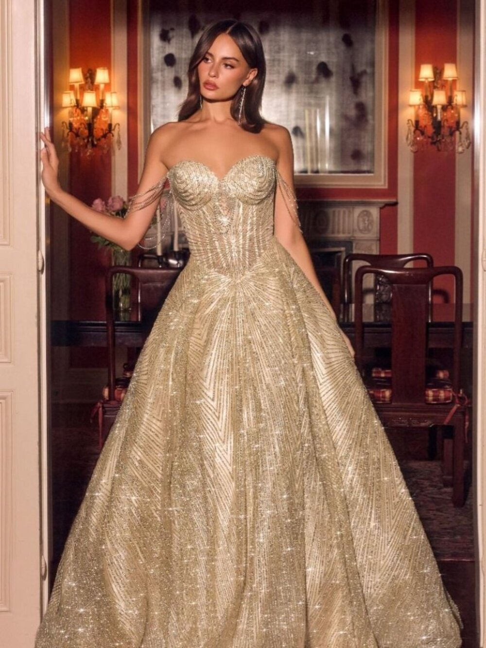Ladivine Gold Off Shoulder Crystal Beading Drapes Gown Prom Evening Formal